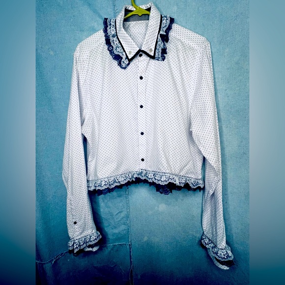 Navy and White Polka Dot Button Down Crop Top Shirt w/ Lace Trim - Picture 3 of 7